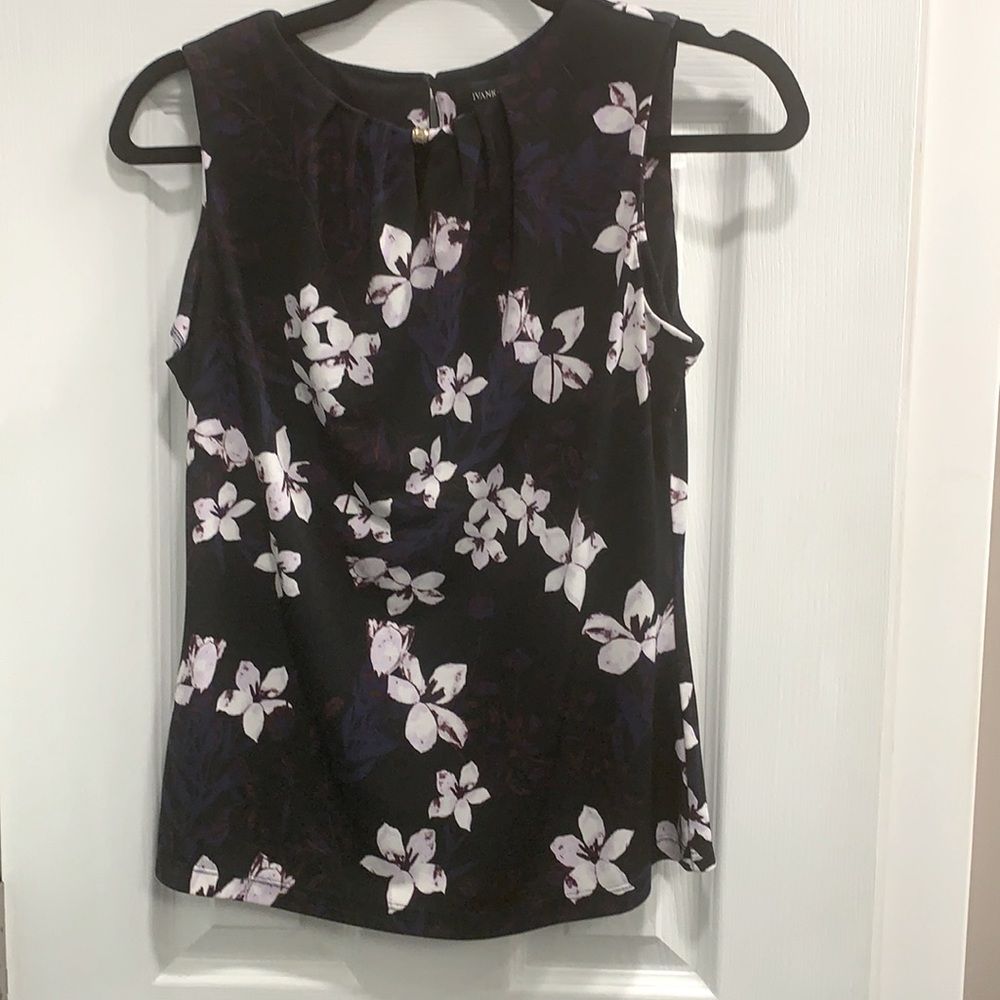 Ivanka Trump Top, Size XS, Black with White and Purple flowers